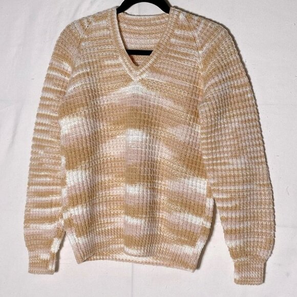 Handmade Tan Pink White Knit Crew Neck Sweater S - Picture 2 of 11